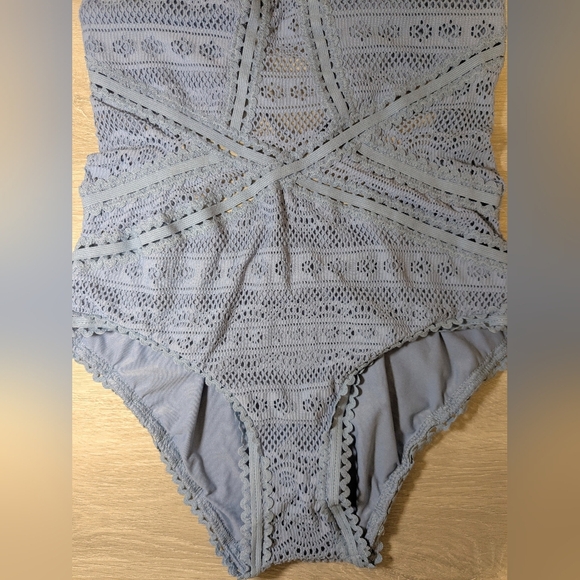 Becca Periwinkle Blue Crochet Open Knit High Neck Open Back One Piece Swimsuit - Picture 5 of 9